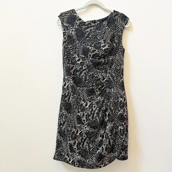 Ann Taylor Women's Sz 14 Sheath Dress Ruched Snakeskin Print Black & Tan Career - Picture 1 of 8